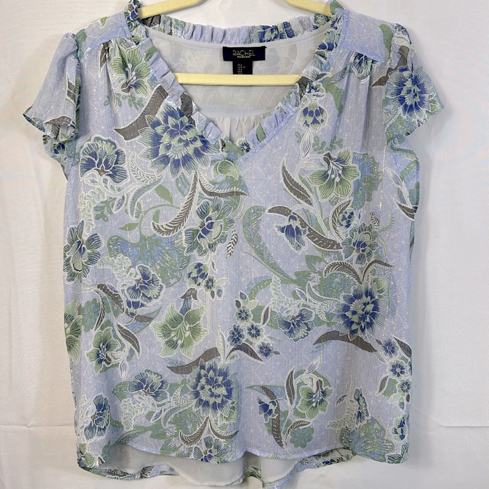 Rachel Roy Blue Floral Lined Blouse Size Large Gold Threads Like New